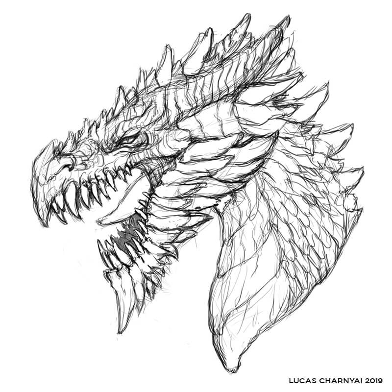 Rascunho detalhado do dragão para o inktober