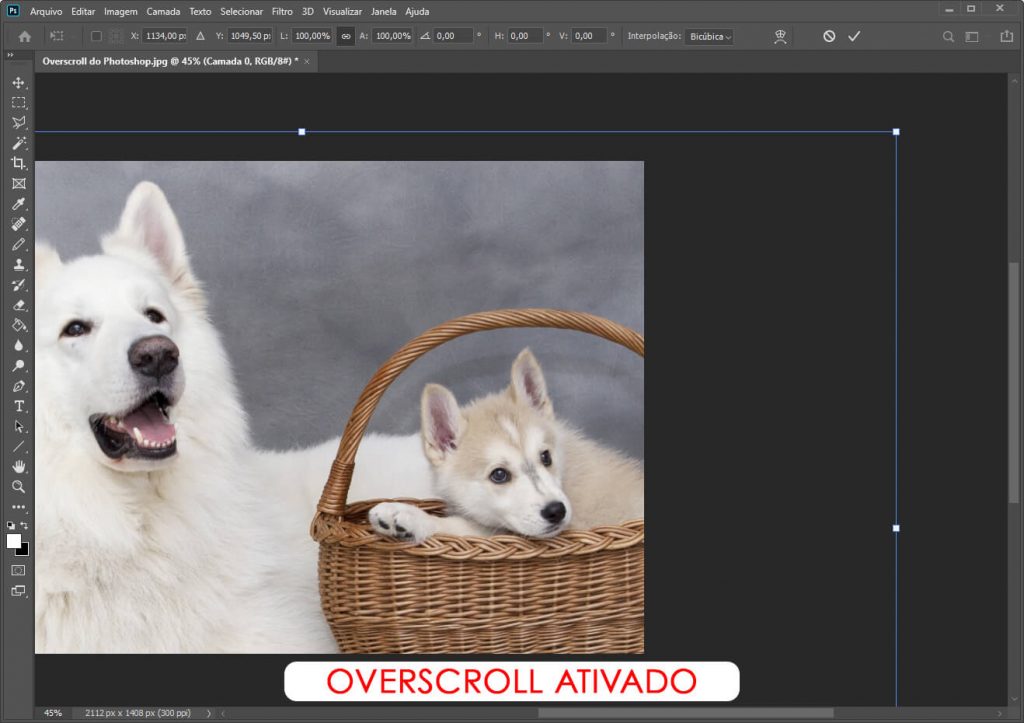 Overscroll do Photoshop ativado e transformação de imagem.