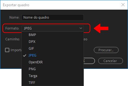 Escolhendo o formato de imagem para exportar um quadro no Premiere