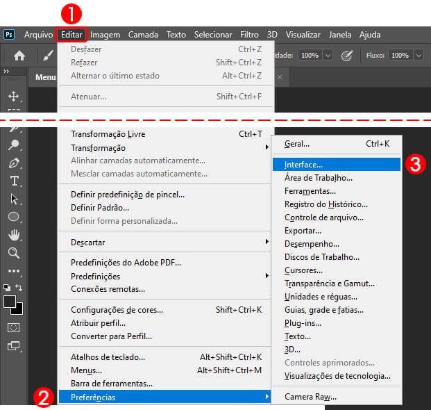 Como abrir a janela de Preferências de Interface do Photoshop