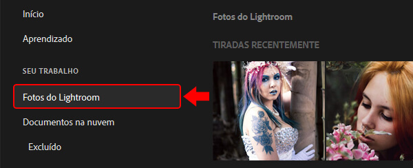 Guia fotos do Lightroom na tela inicial do Photoshop