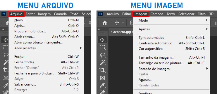 Exemplos de menus do Photoshop