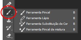 Grupo de ferramentas ocultas na ferramenta pincel