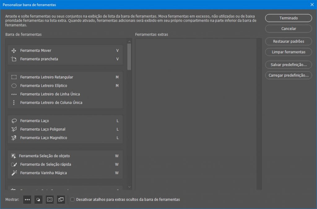 Janela Personalizar barra de ferramentas do Photoshop
