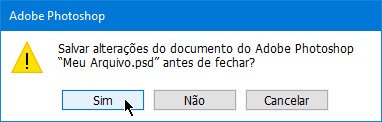 Janela para salvar alterações do documento do Photoshop antes de fechar