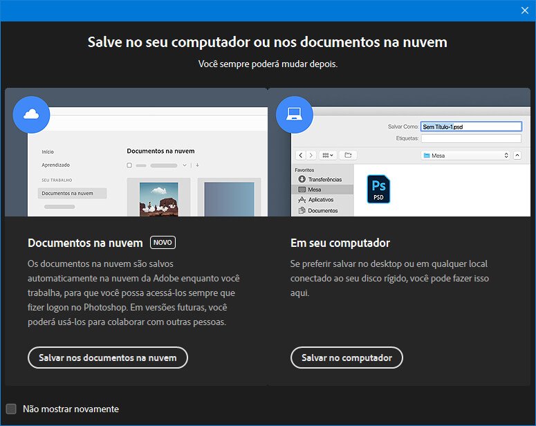 Janela para escolher entre salvar arquivos no computador ou nos documentos na nuvem