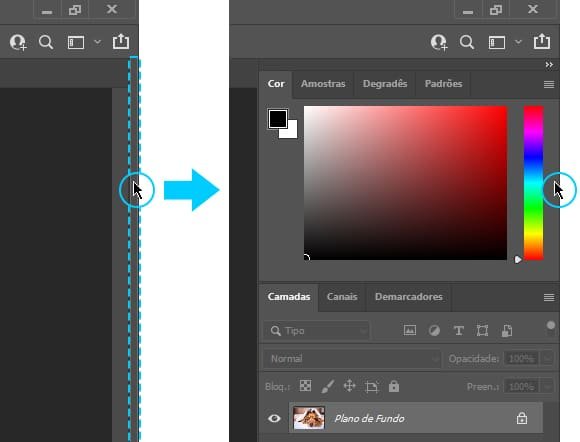 Abrindo painéis ocultos no Photoshop ao encostar o cursor no canto da tela