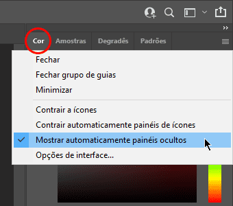 Opção Mostrar automaticamente painéis ocultos do Photoshop