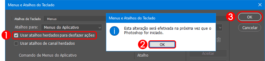 Passo a passo de como reativar o atalho de desfazer antigo do Photoshop na janela Atalhos de teclado