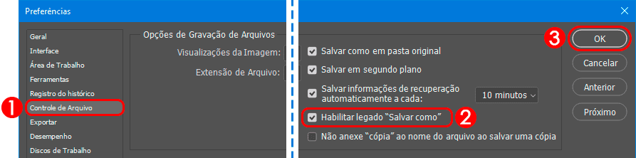 Ativando a opção Habilitar legado "Salvar Como" para reverter para o Salvar Como antigo do Photoshop