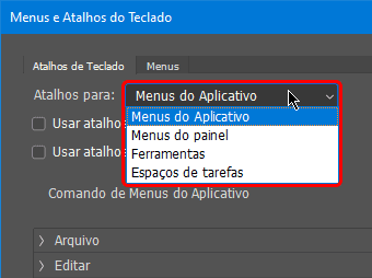 Menu para selecionar o tipo dos atalhos de teclado para mostrar na lista de comandos