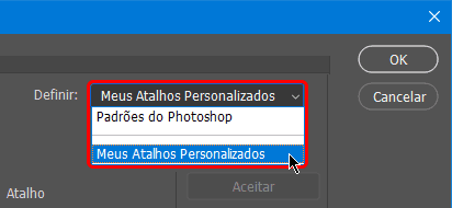 Menu definir com lista de conjuntos de atalhos personalizados do Photoshop