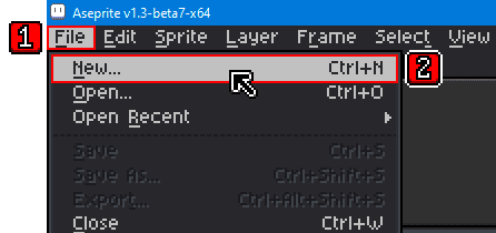 Menu File > New Sprite para criar um novo sprite no Aseprite