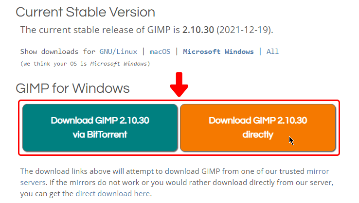 Botões para baixar e instalar o GIMP no Windows