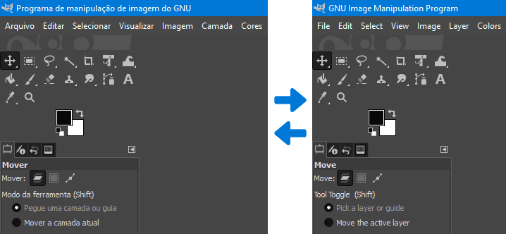 Comparação da interface com as linguagens português e inglês após mudar o idioma do GIMP