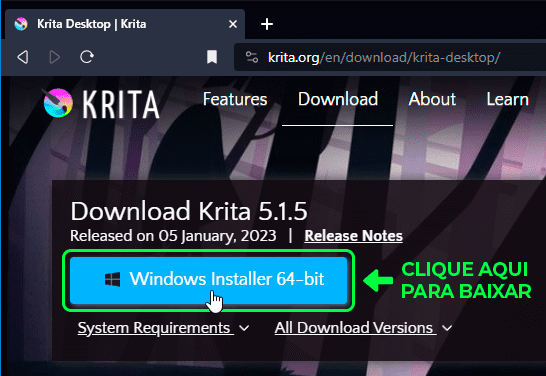 Botão para baixar o krita para Windows no site oficial do programa.