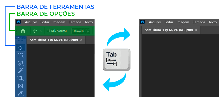 Ocultando a barra de ferramentas e a barra de opções com a tecla Tab
