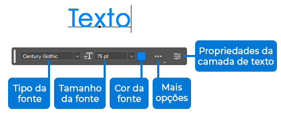 Opções da barra de tarefas contextual do Photoshop ao selecionar uma camada de texto