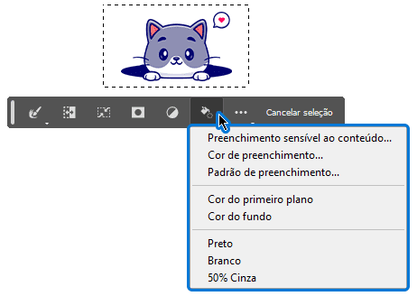 Menu de opções ao clicar no botão de Seleção de Preenchimento na barra de tarefas contextual do Photoshop