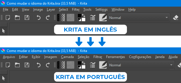 Comparação da interface do Krita em inglês e em português