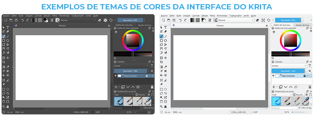 Exemplos de temas de cores da interface do Krita