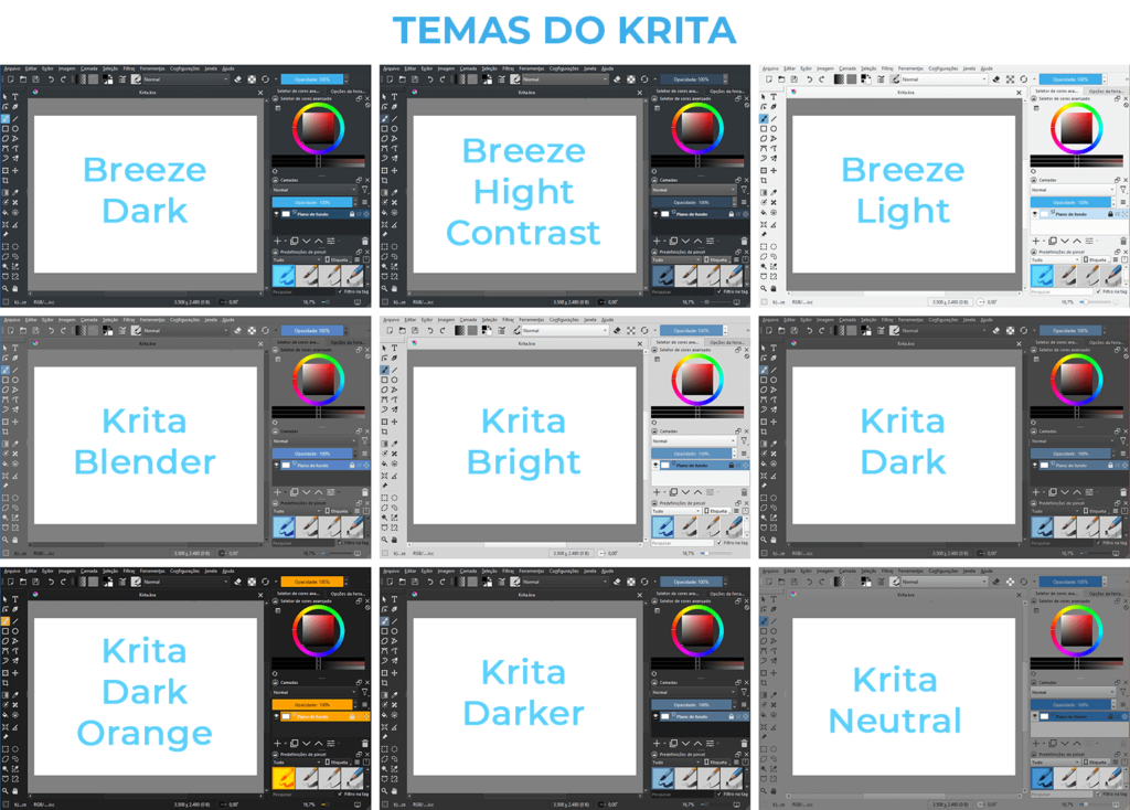 Temas de cor da interface do Krita disponíveis